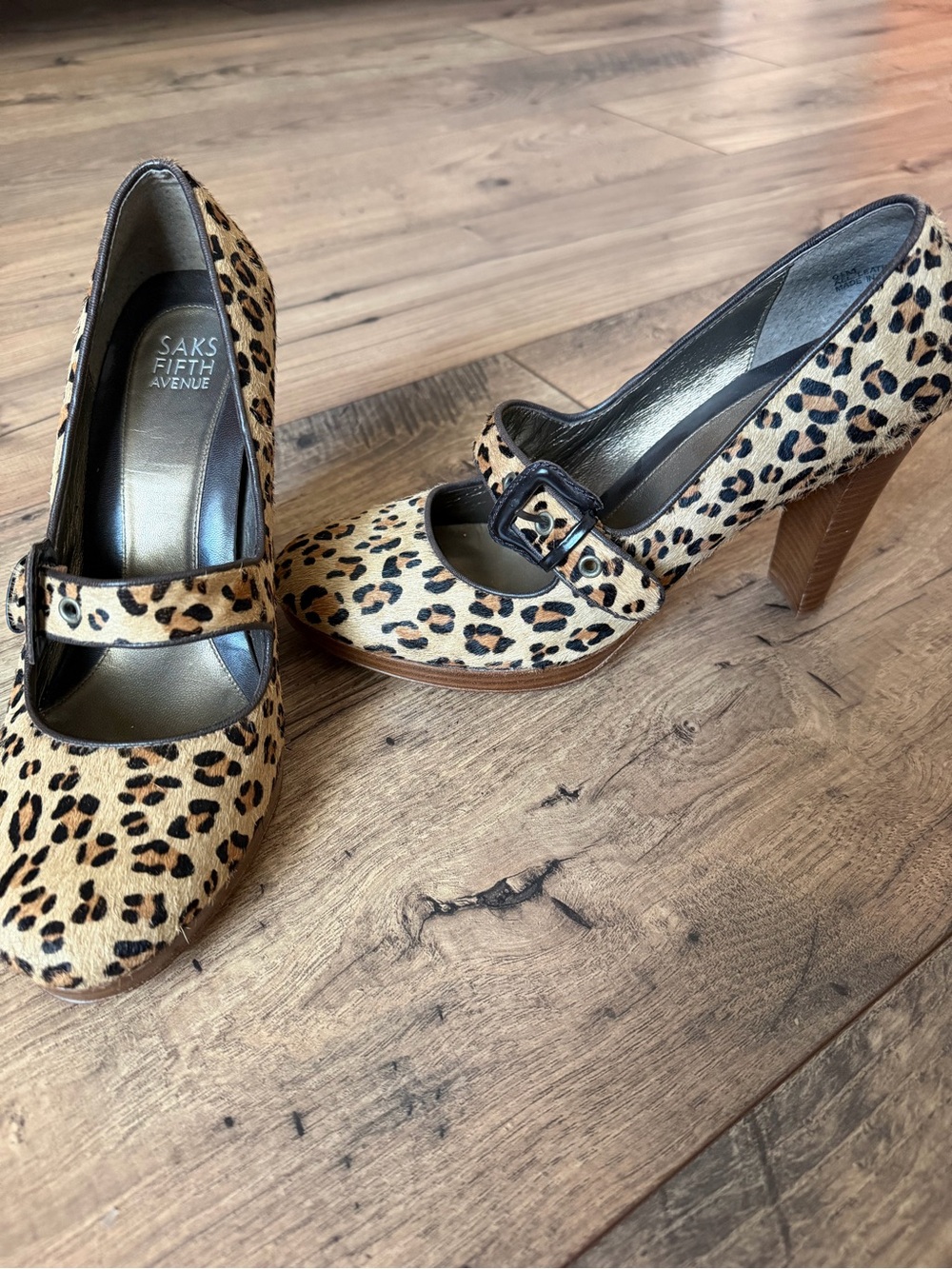 Saks Fifth Avenue Leopard Calf Hair Mary Jane Block Heel Pumps Women's 9.5